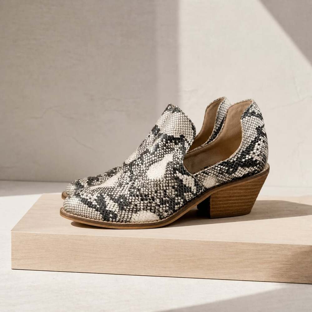 Beast Fashion Snakeskin Print Cutout Block Heel Booties